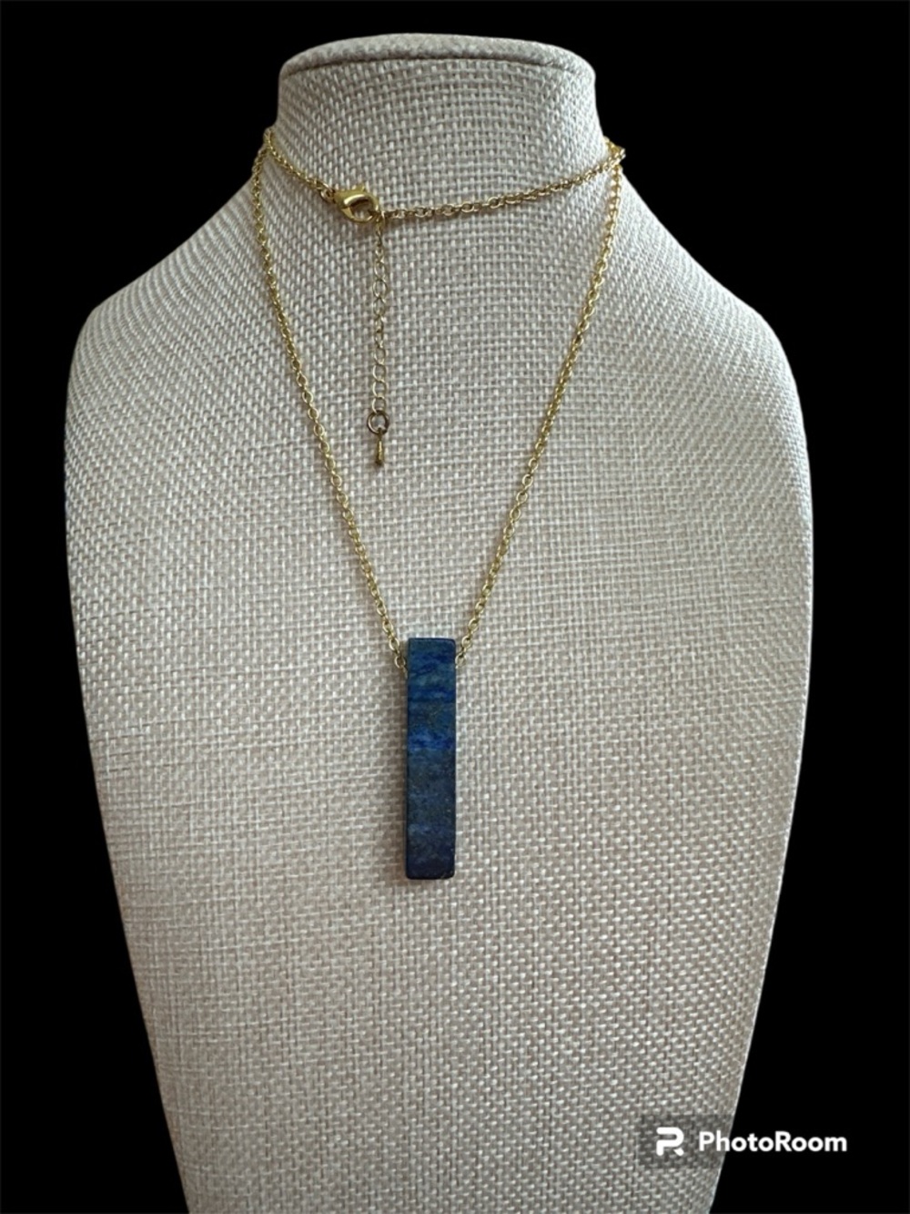 Gold ToneChain Necklace with Blue Lapis Lazuli Rectangular Stone Pendant